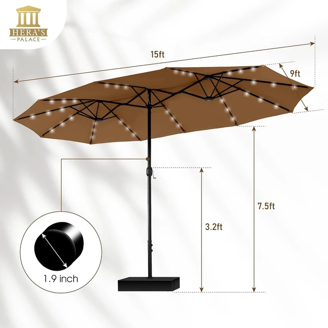 Alt view image 6 of 6 - HERA'S PALACE 15ft Patio Umbrella with Base Included Double Sided Outdoor Umbrella for Patio Table Umbrella Outdoor 36 LED Solar Lights for Garden (Tawny)