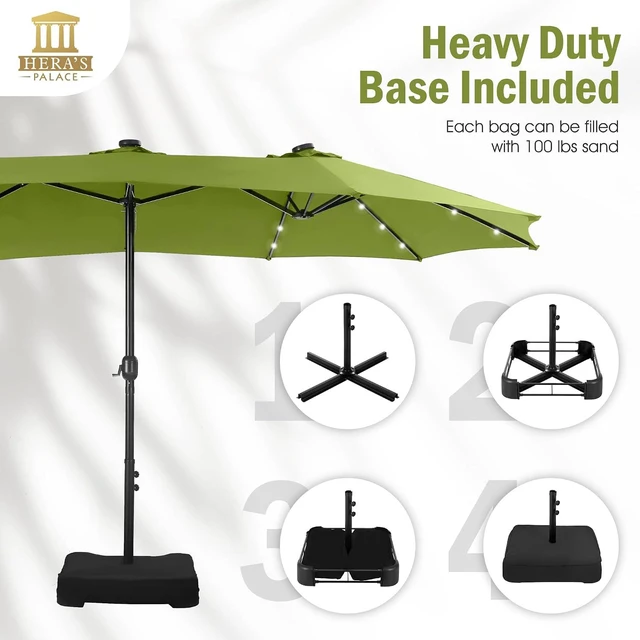 Alt view image 5 of 6 - 15ft Patio Umbrella with Solar lights & Base, Large Umbrellas, Lime