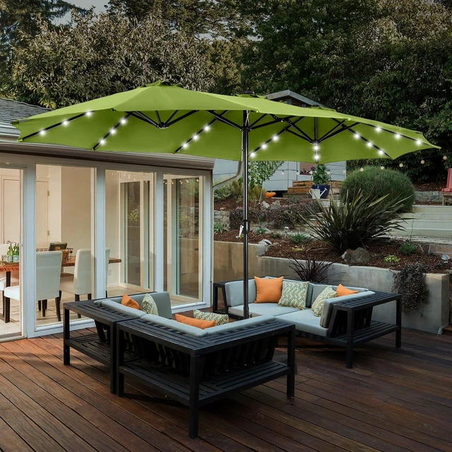 Alt view image 3 of 6 - 15ft Patio Umbrella with Solar lights & Base, Large Umbrellas, Lime
