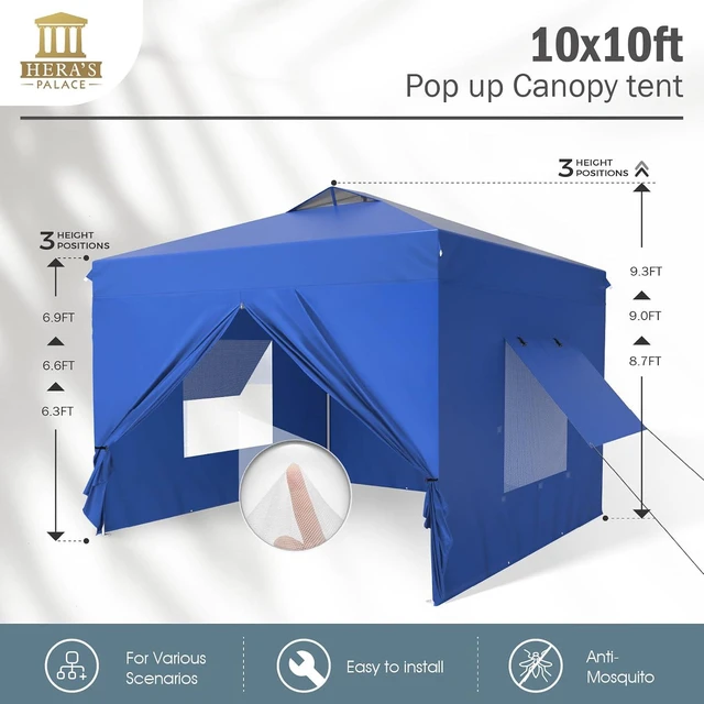 Alt view image 6 of 7 - HERA'S PALACE Outdoor 10x10ft Pop Up Canopy Tent Instant Gazebo Shelter with Removable Sidewalls and Mesh Windows Waterproof for Camping Party Event Four Seasons 3 Height Position
