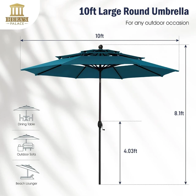 Alt view image 2 of 7 - HERA'S PALACE 10 FT Patio Umbrella 3 Tiers Outdoor Large Umbrella with Ventilation Tilt Adjustment Patio Table Umbrella for Pool Garden, Cerulean