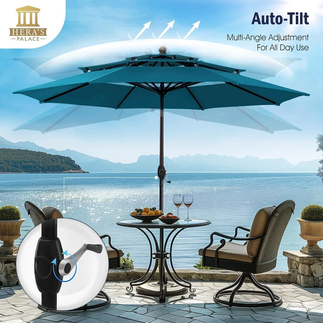 Alt view image 3 of 7 - HERA'S PALACE 10 FT Patio Umbrella 3 Tiers Outdoor Large Umbrella with Ventilation Tilt Adjustment Patio Table Umbrella for Pool Garden, Cerulean