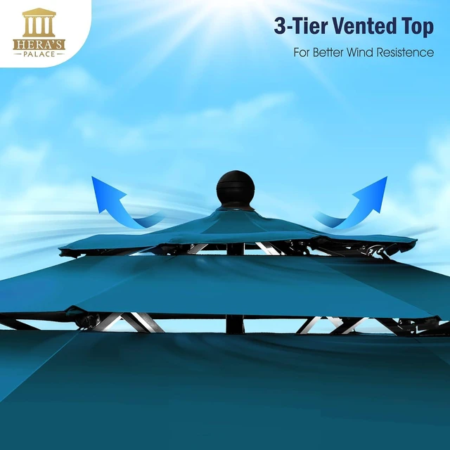 Alt view image 4 of 7 - HERA'S PALACE 10 FT Patio Umbrella 3 Tiers Outdoor Large Umbrella with Ventilation Tilt Adjustment Patio Table Umbrella for Pool Garden, Cerulean