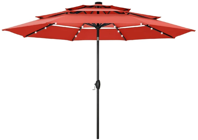 Main image of HERA'S PALACE 10ft 3-Tier Solar Patio Umbrella with Ventilation, Outdoor Patio Table Umbrella for Backyard, Garden, Poolside with 24 LED Lights, Tilt Adjustment, Easy Crank, 8 Ribs - Red