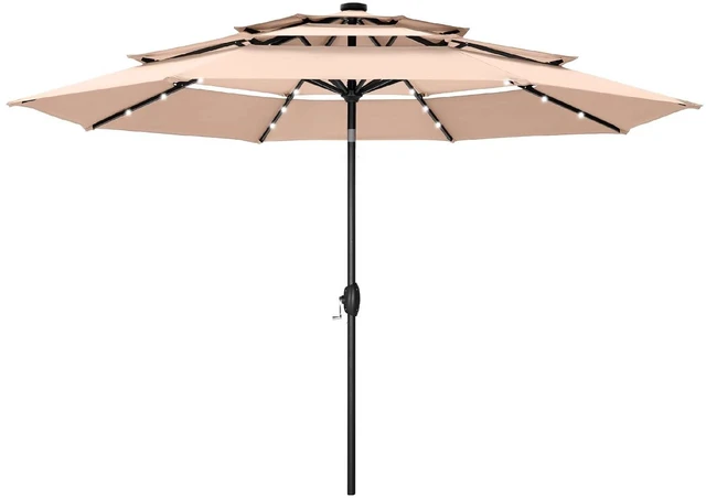Main image of HERA'S PALACE 10ft 3-Tier Solar Patio Umbrella with Ventilation, Outdoor Patio Table Umbrella for Backyard, Garden, Poolside with 24 LED Lights, Tilt Adjustment, Easy Crank, 8 Ribs - Beige