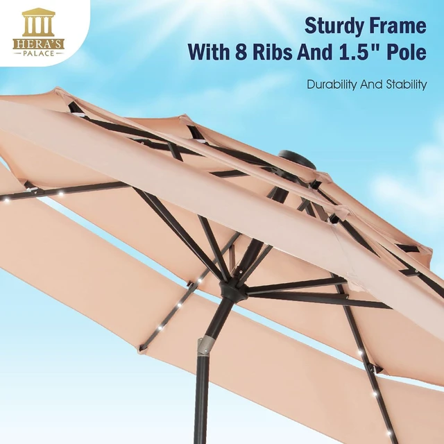 Alt view image 5 of 7 - HERA'S PALACE 10ft 3-Tier Solar Patio Umbrella with Ventilation, Outdoor Patio Table Umbrella for Backyard, Garden, Poolside with 24 LED Lights, Tilt Adjustment, Easy Crank, 8 Ribs - Beige