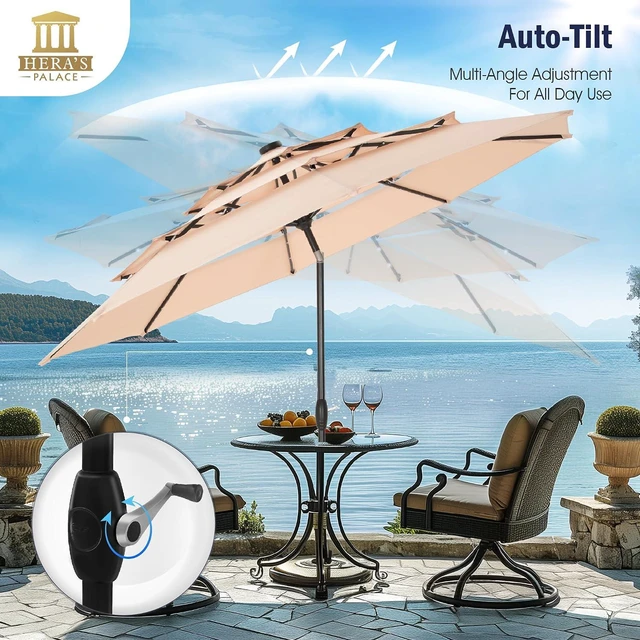 Alt view image 3 of 7 - HERA'S PALACE 10ft 3-Tier Solar Patio Umbrella with Ventilation, Outdoor Patio Table Umbrella for Backyard, Garden, Poolside with 24 LED Lights, Tilt Adjustment, Easy Crank, 8 Ribs - Beige