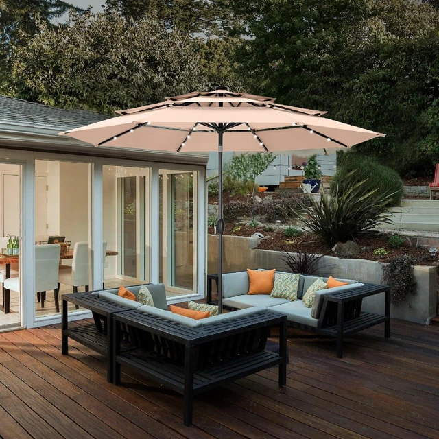 Alt view image 2 of 7 - HERA'S PALACE 10ft 3-Tier Solar Patio Umbrella with Ventilation, Outdoor Patio Table Umbrella for Backyard, Garden, Poolside with 24 LED Lights, Tilt Adjustment, Easy Crank, 8 Ribs - Beige