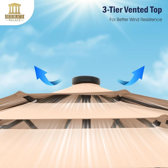 Alt view image 7 of 7 - HERA'S PALACE 10ft 3-Tier Solar Patio Umbrella with Ventilation, Outdoor Patio Table Umbrella for Backyard, Garden, Poolside with 24 LED Lights, Tilt Adjustment, Easy Crank, 8 Ribs - Beige