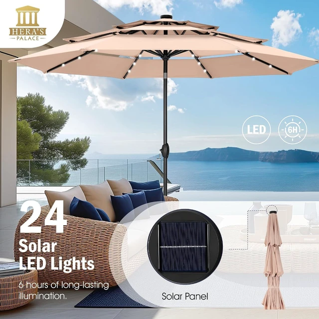 Alt view image 6 of 7 - HERA'S PALACE 10ft 3-Tier Solar Patio Umbrella with Ventilation, Outdoor Patio Table Umbrella for Backyard, Garden, Poolside with 24 LED Lights, Tilt Adjustment, Easy Crank, 8 Ribs - Beige