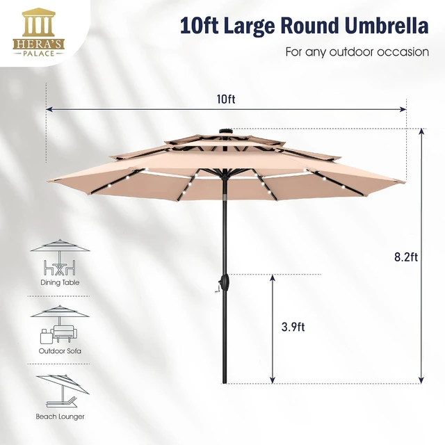 Alt view image 4 of 7 - HERA'S PALACE 10ft 3-Tier Solar Patio Umbrella with Ventilation, Outdoor Patio Table Umbrella for Backyard, Garden, Poolside with 24 LED Lights, Tilt Adjustment, Easy Crank, 8 Ribs - Beige