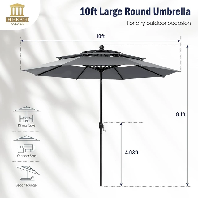 Alt view image 7 of 7 - HERA'S PALACE 10ft Patio Umbrella 3 Tiers Outdoor Umbrella with Ventilation Tilt Adjustment Patio Table Umbrella for Backyard Garden, Smoky Gray