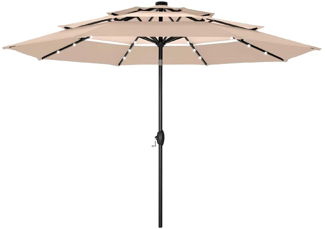 Main image of HERA'S PALACE 10ft 3-Tier Solar Patio Umbrella with Ventilation, Outdoor Patio Table Umbrella for Backyard, Garden, Poolside with 24 LED Lights, Tilt Adjustment, Easy Crank, 8 Ribs - Beige Patchwork