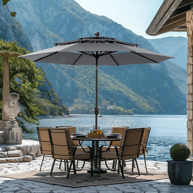 Alt view image 4 of 7 - HERA'S PALACE 10ft Patio Umbrella 3 Tiers Outdoor Umbrella with Ventilation Tilt Adjustment Patio Table Umbrella for Backyard Garden, Smoky Gray