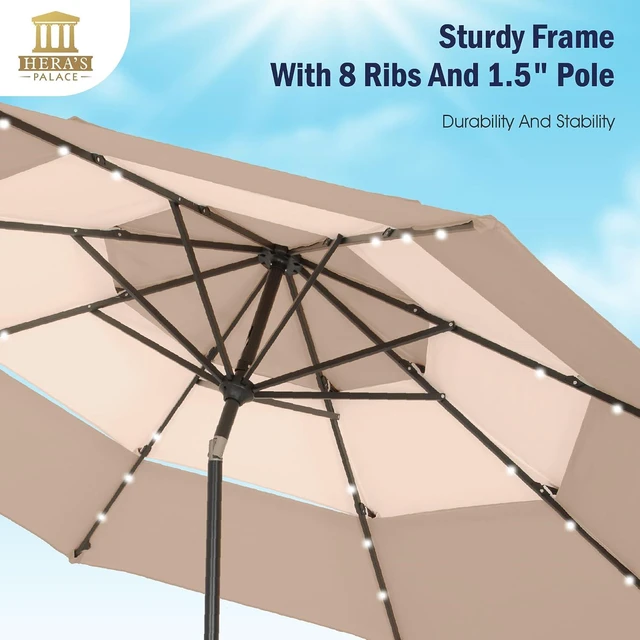 Alt view image 4 of 7 - HERA'S PALACE 10ft 3-Tier Solar Patio Umbrella with Ventilation, Outdoor Patio Table Umbrella for Backyard, Garden, Poolside with 24 LED Lights, Tilt Adjustment, Easy Crank, 8 Ribs - Beige Patchwork