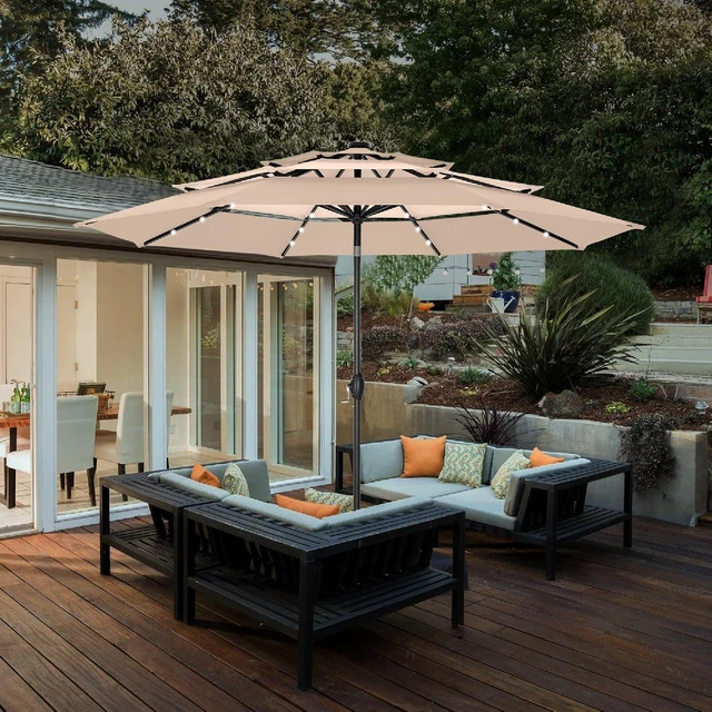 Alt view image 2 of 7 - HERA'S PALACE 10ft 3-Tier Solar Patio Umbrella with Ventilation, Outdoor Patio Table Umbrella for Backyard, Garden, Poolside with 24 LED Lights, Tilt Adjustment, Easy Crank, 8 Ribs - Beige Patchwork