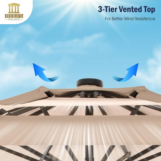 Alt view image 5 of 7 - HERA'S PALACE 10ft 3-Tier Solar Patio Umbrella with Ventilation, Outdoor Patio Table Umbrella for Backyard, Garden, Poolside with 24 LED Lights, Tilt Adjustment, Easy Crank, 8 Ribs - Beige Patchwork