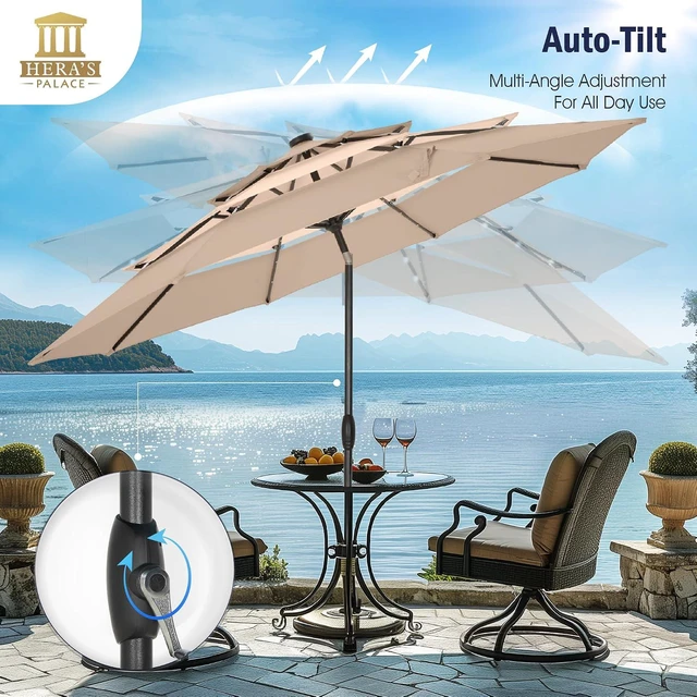 Alt view image 3 of 7 - HERA'S PALACE 10ft 3-Tier Solar Patio Umbrella with Ventilation, Outdoor Patio Table Umbrella for Backyard, Garden, Poolside with 24 LED Lights, Tilt Adjustment, Easy Crank, 8 Ribs - Beige Patchwork