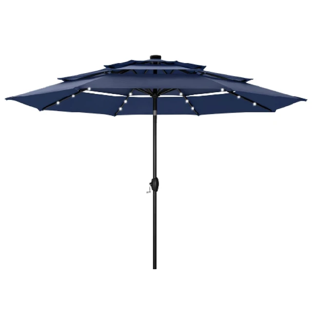 Main image of HERA'S PALACE 10ft 3-Tier Solar Patio Umbrella with Ventilation, Outdoor Patio Table Umbrella for Backyard, Garden, Poolside with 24 LED Lights, Tilt Adjustment, Easy Crank, 8 Ribs - Navy Blue