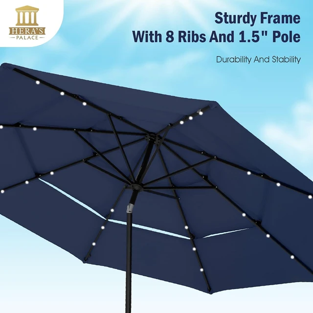 Alt view image 3 of 7 - HERA'S PALACE 10ft 3-Tier Solar Patio Umbrella with Ventilation, Outdoor Patio Table Umbrella for Backyard, Garden, Poolside with 24 LED Lights, Tilt Adjustment, Easy Crank, 8 Ribs - Navy Blue