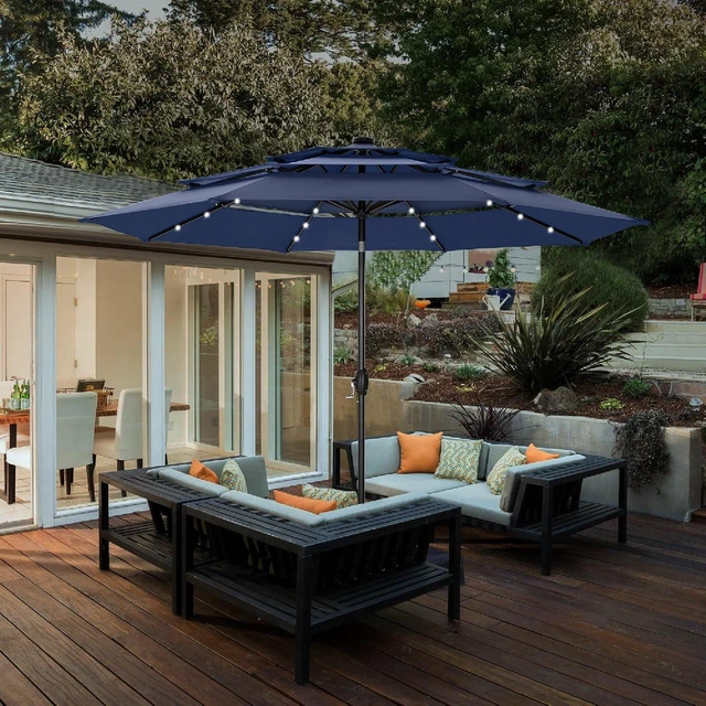Alt view image 2 of 7 - HERA'S PALACE 10ft 3-Tier Solar Patio Umbrella with Ventilation, Outdoor Patio Table Umbrella for Backyard, Garden, Poolside with 24 LED Lights, Tilt Adjustment, Easy Crank, 8 Ribs - Navy Blue