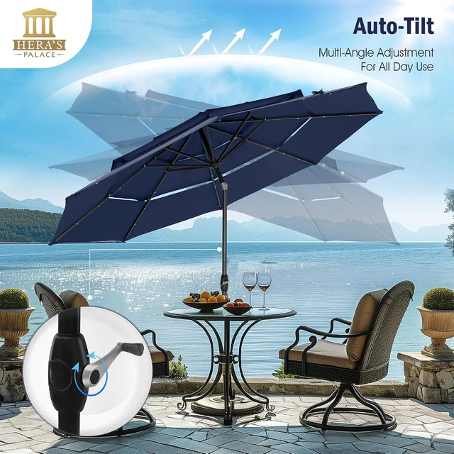 Alt view image 4 of 7 - HERA'S PALACE 10ft 3-Tier Solar Patio Umbrella with Ventilation, Outdoor Patio Table Umbrella for Backyard, Garden, Poolside with 24 LED Lights, Tilt Adjustment, Easy Crank, 8 Ribs - Navy Blue