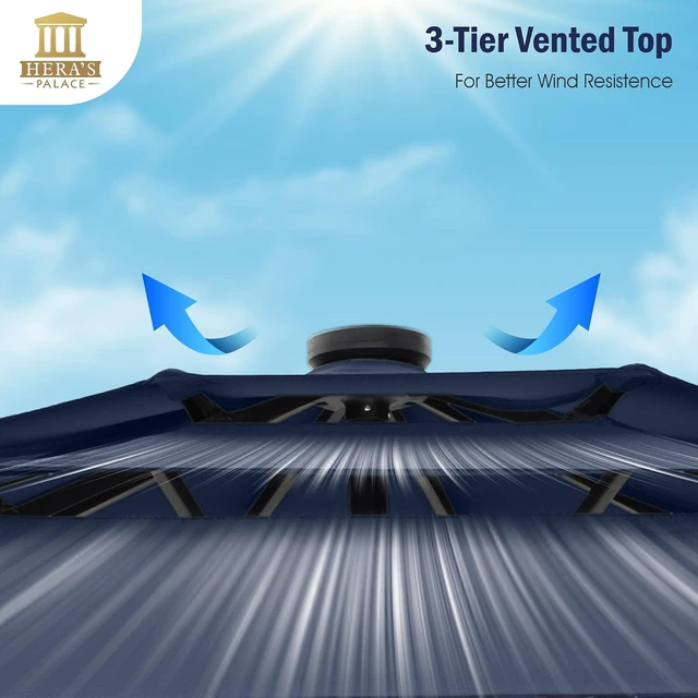 Alt view image 5 of 7 - HERA'S PALACE 10ft 3-Tier Solar Patio Umbrella with Ventilation, Outdoor Patio Table Umbrella for Backyard, Garden, Poolside with 24 LED Lights, Tilt Adjustment, Easy Crank, 8 Ribs - Navy Blue