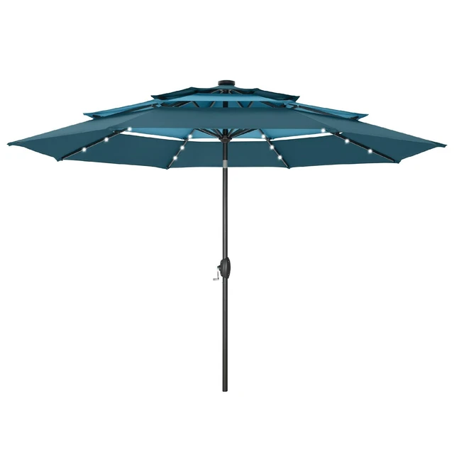 Main image of HERA'S PALACE 10ft 3-Tier Solar Patio Umbrella with Ventilation, Outdoor Patio Table Umbrella for Backyard, Garden, Poolside with 24 LED Lights, Tilt Adjustment, Easy Crank, 8 Ribs - Blue & Green