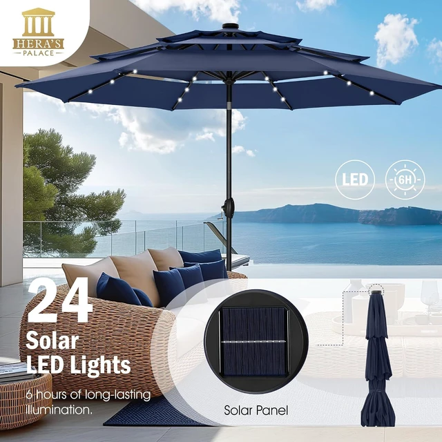 Alt view image 7 of 7 - HERA'S PALACE 10ft 3-Tier Solar Patio Umbrella with Ventilation, Outdoor Patio Table Umbrella for Backyard, Garden, Poolside with 24 LED Lights, Tilt Adjustment, Easy Crank, 8 Ribs - Navy Blue