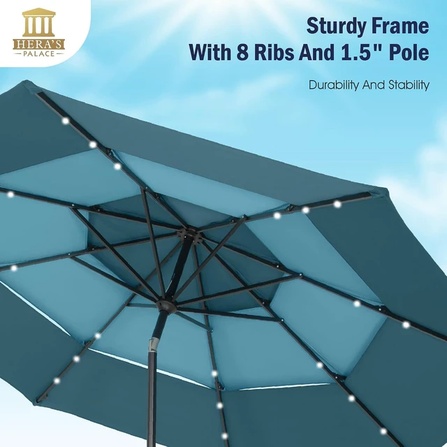 Alt view image 5 of 7 - HERA'S PALACE 10ft 3-Tier Solar Patio Umbrella with Ventilation, Outdoor Patio Table Umbrella for Backyard, Garden, Poolside with 24 LED Lights, Tilt Adjustment, Easy Crank, 8 Ribs - Blue & Green