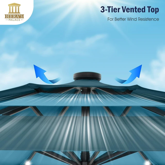 Alt view image 4 of 7 - HERA'S PALACE 10ft 3-Tier Solar Patio Umbrella with Ventilation, Outdoor Patio Table Umbrella for Backyard, Garden, Poolside with 24 LED Lights, Tilt Adjustment, Easy Crank, 8 Ribs - Blue & Green