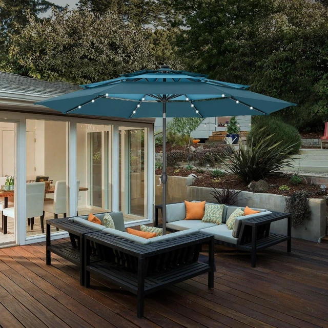 Alt view image 2 of 7 - HERA'S PALACE 10ft 3-Tier Solar Patio Umbrella with Ventilation, Outdoor Patio Table Umbrella for Backyard, Garden, Poolside with 24 LED Lights, Tilt Adjustment, Easy Crank, 8 Ribs - Blue & Green