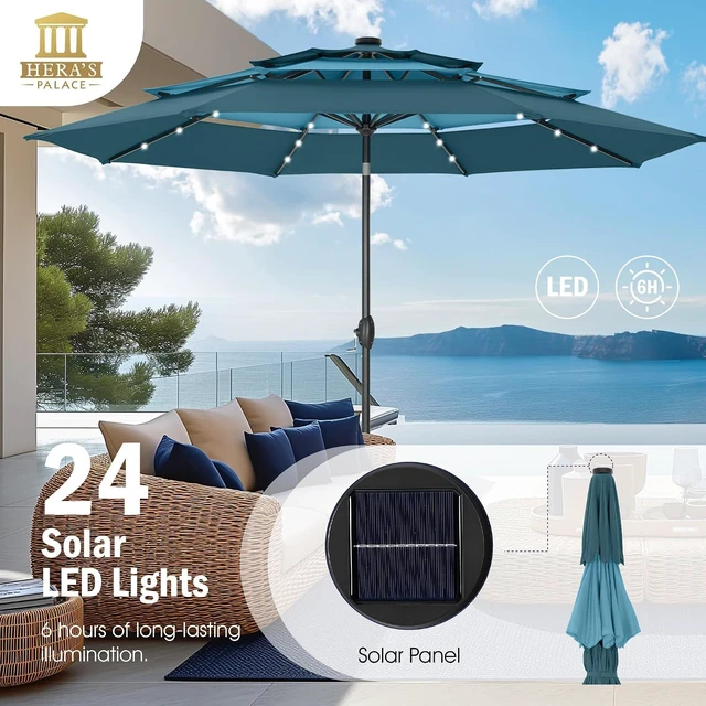 Alt view image 3 of 7 - HERA'S PALACE 10ft 3-Tier Solar Patio Umbrella with Ventilation, Outdoor Patio Table Umbrella for Backyard, Garden, Poolside with 24 LED Lights, Tilt Adjustment, Easy Crank, 8 Ribs - Blue & Green