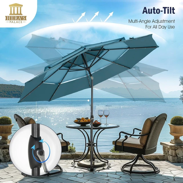 Alt view image 7 of 7 - HERA'S PALACE 10ft 3-Tier Solar Patio Umbrella with Ventilation, Outdoor Patio Table Umbrella for Backyard, Garden, Poolside with 24 LED Lights, Tilt Adjustment, Easy Crank, 8 Ribs - Blue & Green