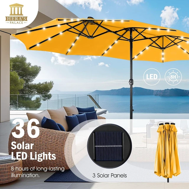 Alt view image 2 of 7 - 15ft Patio Umbrella with Solar lights & Base, Large Umbrellas, Gold Yellow