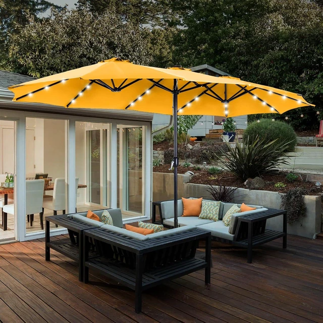 Alt view image 3 of 7 - 15ft Patio Umbrella with Solar lights & Base, Large Umbrellas, Gold Yellow
