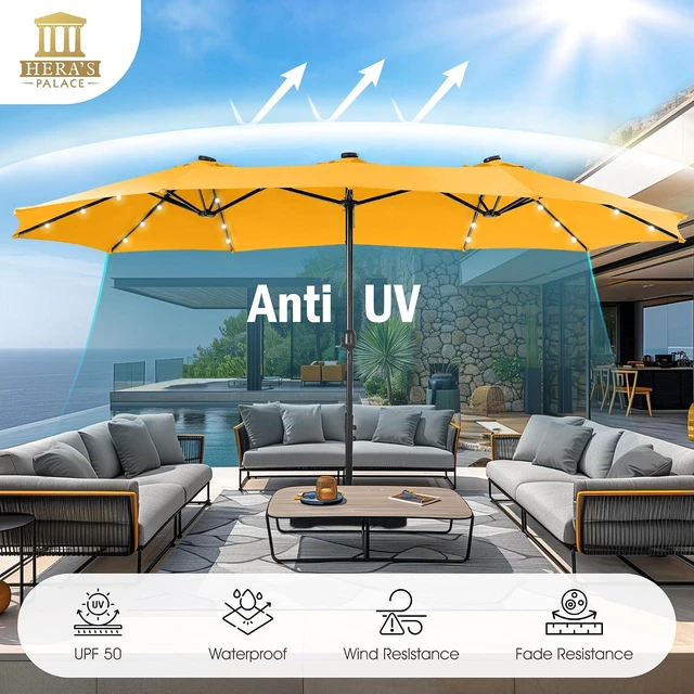 Alt view image 4 of 7 - 15ft Patio Umbrella with Solar lights & Base, Large Umbrellas, Gold Yellow