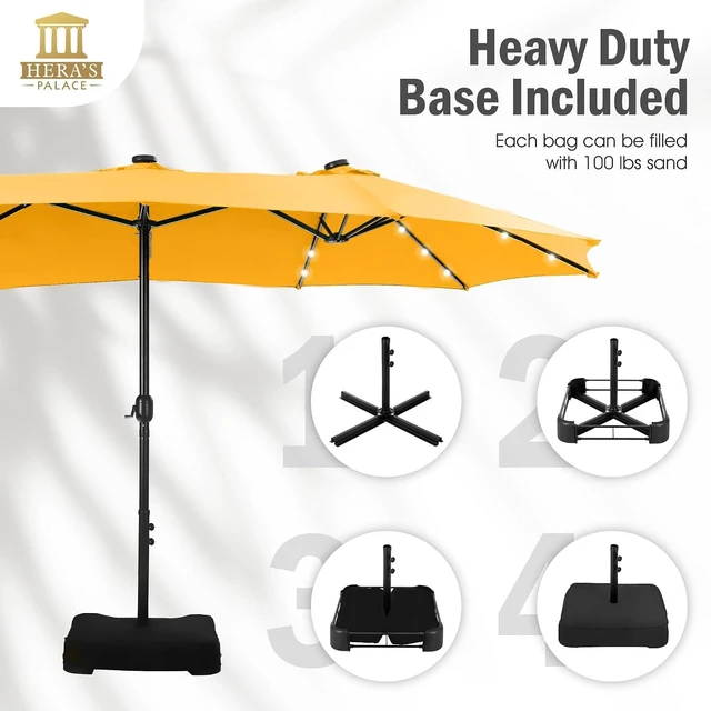 Alt view image 5 of 7 - 15ft Patio Umbrella with Solar lights & Base, Large Umbrellas, Gold Yellow