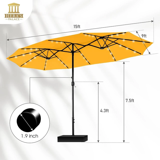 Alt view image 7 of 7 - 15ft Patio Umbrella with Solar lights & Base, Large Umbrellas, Gold Yellow
