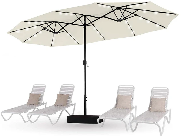 Main image of 15ft Patio Umbrella with Solar lights & Base, Large Umbrellas, Ivory