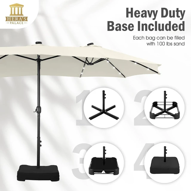 Alt view image 2 of 7 - 15ft Patio Umbrella with Solar lights & Base, Large Umbrellas, Ivory