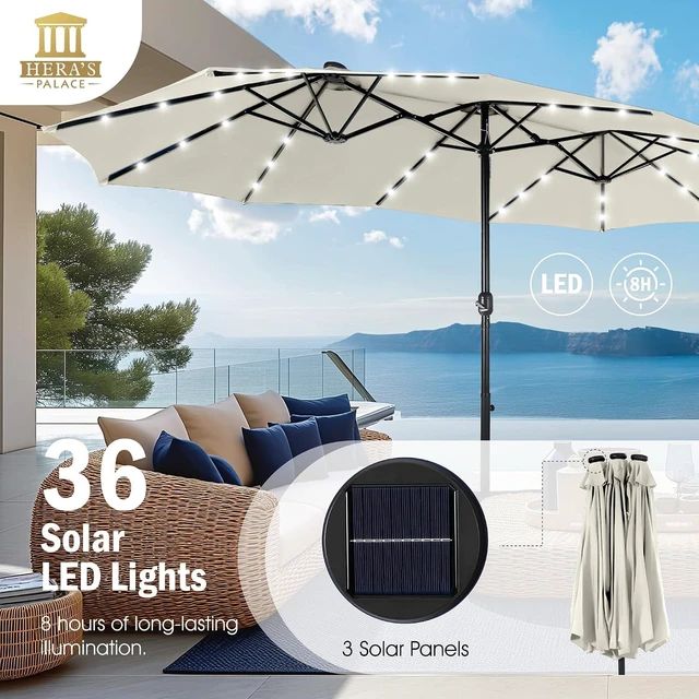 Alt view image 3 of 7 - 15ft Patio Umbrella with Solar lights & Base, Large Umbrellas, Ivory