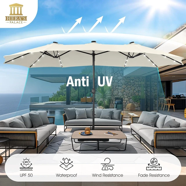 Alt view image 4 of 7 - 15ft Patio Umbrella with Solar lights & Base, Large Umbrellas, Ivory