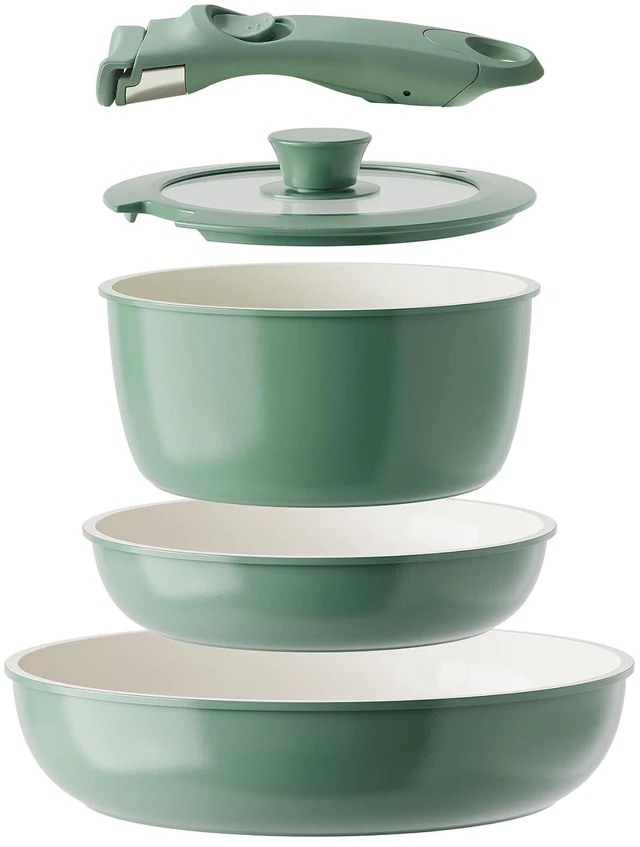 Main image of Redchef Ceramic Cookware Set, Removable Handle Pots and Pans Non-Stick, Rv Cookware Set, Non-Toxic Pots and Pans Set No PFAS, PTFE, PFOA, Detachable Pots and Pans, Dishwasher & Oven Safe (Green)