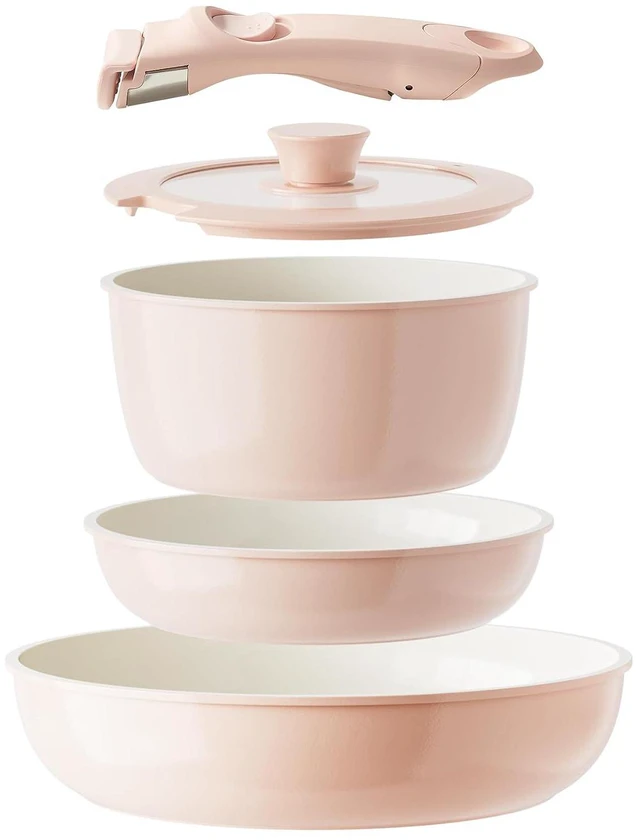 Main image of Redchef Ceramic Cookware Set, Removable Handle Pots and Pans Non-Stick, Rv Cookware Set, Non-Toxic Pots and Pans Set No PFAS, PTFE, PFOA, Detachable Pots and Pans, Dishwasher & Oven Safe (Pink)