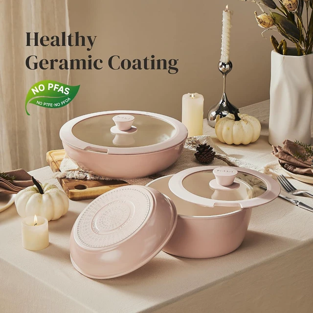 Alt view image 5 of 7 - Redchef Ceramic Cookware Set, Removable Handle Pots and Pans Non-Stick, Rv Cookware Set, Non-Toxic Pots and Pans Set No PFAS, PTFE, PFOA, Detachable Pots and Pans, Dishwasher & Oven Safe (Pink)