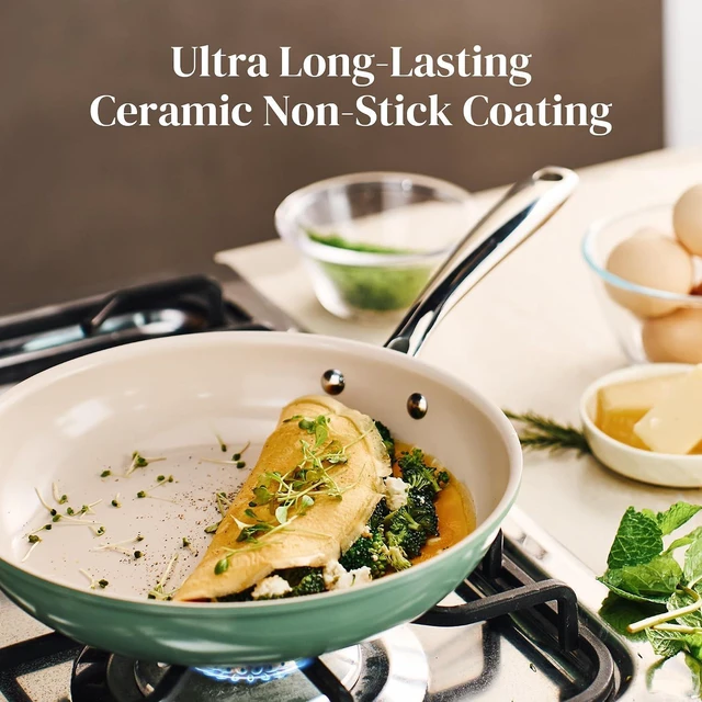 Alt view image 3 of 7 - Redchef Non Stick Ceramic Frying Pan Set, Non Toxic Ceramic Pans for Cooking, 8" 9.5" 11" Skillet Set, No PFAS & PTFE & PFOA with Stainless Steel Handle, Dishwasher & Oven Safe Max up to 842°F (Green)