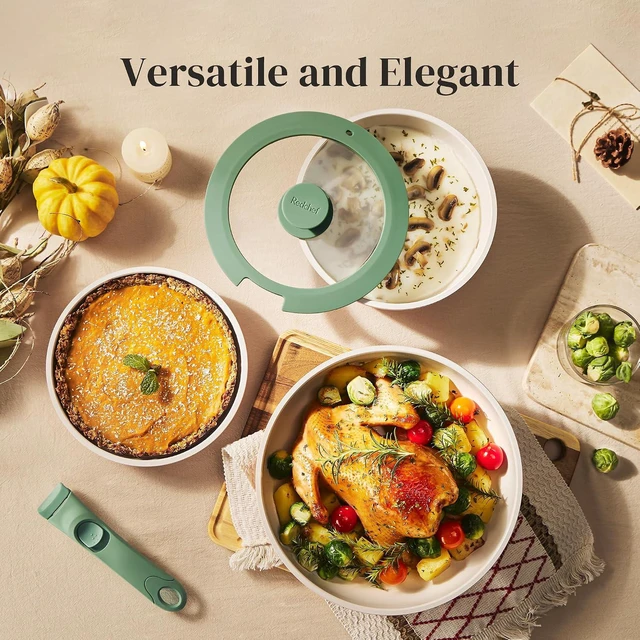 Alt view image 2 of 7 - Redchef 16pcs Ceramic Pots and Pans Set Non Stick, Nonstick Ceramic Cookware Set with Detachable Handle, Non Toxic, PFAS PFOA & PTFE Free RV Cookware for Camping, Dishwasher/Oven Safe (Green)