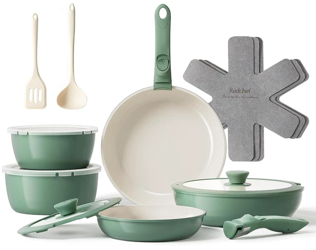 Main image of Redchef 16pcs Ceramic Pots and Pans Set Non Stick, Nonstick Ceramic Cookware Set with Detachable Handle, Non Toxic, PFAS PFOA & PTFE Free RV Cookware for Camping, Dishwasher/Oven Safe (Green)
