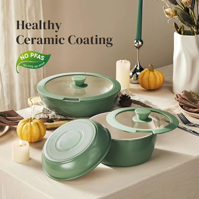 Alt view image 4 of 7 - Redchef 16pcs Ceramic Pots and Pans Set Non Stick, Nonstick Ceramic Cookware Set with Detachable Handle, Non Toxic, PFAS PFOA & PTFE Free RV Cookware for Camping, Dishwasher/Oven Safe (Green)